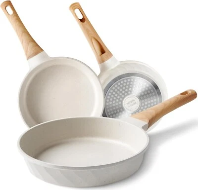 Frying Pan Non-Stick 03 Pcs 8", 9.5", 11" Beige Granite Skillet PFOA PTFE Free