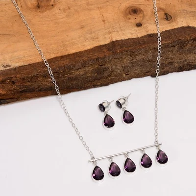 Amethyst Gemstone Pear Ethnic Handmade Silver Plated Jewelry Set 1.1" 25" t780 - Image 1 of 4