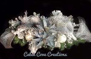 Christmas Floral Arrangement Swag Holiday Centerpiece Blue Silver Snow Flocked - Picture 1 of 12