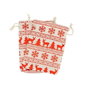 4 Red Reindeer Cotton Drawstring Bags 14cm x 10cm - TL189 - Picture 1 of 2