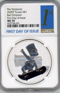 2020 TUVALU FDI NGC 70 BART SIMPSON -SIMPSONS SERIES 1OZ SILVER COIN NGC 70 FDI - Picture 1 of 5