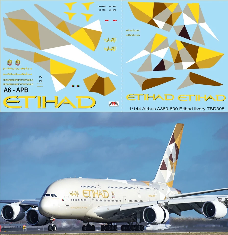 TBDECAL&MODELS 1/144 Decals per Airbus A380 - 800 Etihad Airways TBD395