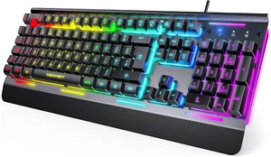RGB Gaming Keyboard, 105 Keys, Metal Panel, Wrist Rest, Silent, USB Wired PC/Mac - Picture 1 of 7