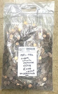 2 Bags of 5,000 1959-1982 Lincoln Memorial Cents - May Have Wheats - 95% Copper - Picture 1 of 2