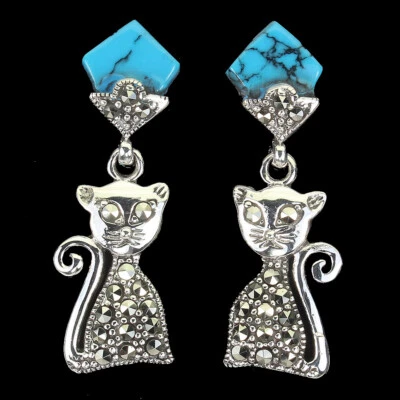 925 Sterling Silber Ohrringe Stabilisiert Türkis 10x8mm Markasit Katze Schmuck - Bild 1 von 4