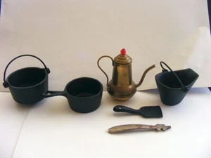 Miniature Cast Iron Cookware & Brass Fomerz Teapot Lot Vintage Mini Toys - Picture 1 of 6