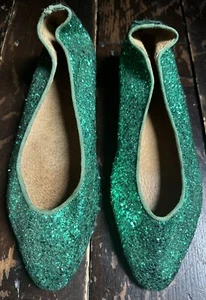 Vtg 80s GREEN GLITTER Soft Leather NEW WAVE Slip On Flat Shoe Uk 5 38 - Picture 1 of 21