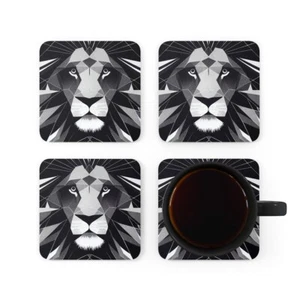 Cosmic Lion, Greyscale, Hexagon, Pack Leader, Lioness Pride Corkwood Coaster Set - Picture 1 of 7