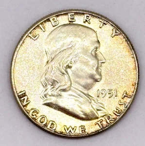 1951 Silver Franklin Half Dollar - Sharp Strike, Gold Toning - Picture 1 of 4