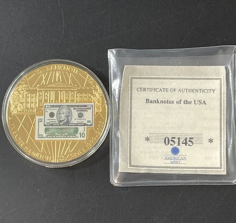 1999-2003 Gold Colored Alexander Hamilton $10 Banknote Coin Token American Mint Cover