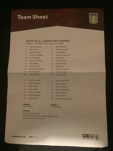 ASTON VILLA V QPR QUEENS PARK RANGERS 13 MAR 18 CHAMPIONSHIP TEAMSHEET - Picture 1 of 1