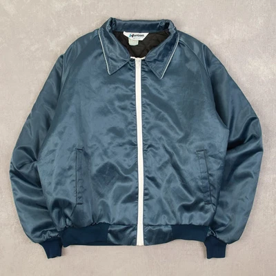 Vintage 80s Satin Bomber Jacket L Made in USA Men's Blue Varsity - Image 1 of 4