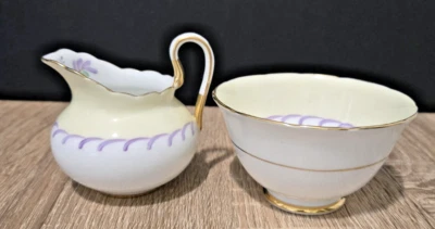 Tuscan English Fine Bone China Open Sugar Bowl & Creamer pastel yellow & purple - Image 1 of 4