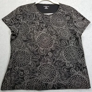 Croft & Barrow T Shirt Womens Petite Extra Large Black White Floral Short Sleeve - Picture 1 of 9