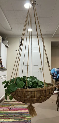 Vintage large macrame hanging basket with set of 3 mid century metal butterflies Cover