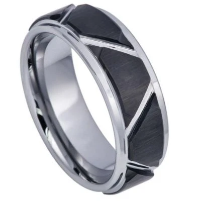 Anillo de Tungsteno Unisex Cepillo Dos Tonos Negro IP Chapado Trapecio Alto Pulido Líneas Foto 1 de 2
