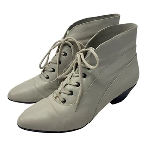 Vtg 90s y2k Cream Leather Heeled Lolita Victorian Wedding Granny Booties 7.5 - Picture 1 of 11