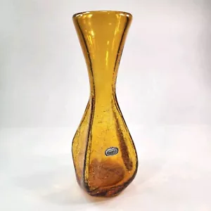 Hand Blown By Rainbow Amber Gold Crackle Glass Vase - Picture 1 of 14