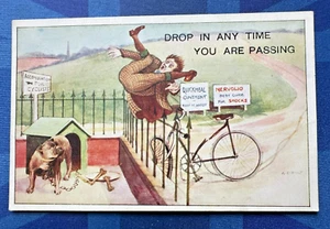 Vintage Comic Postkarte 1910er Herren Fahrrad Radfahren Bulldogge DROP IN ANY TIME - Bild 1 von 2