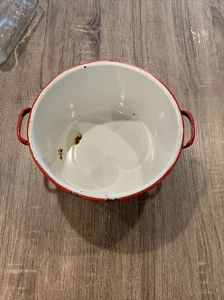 Vintage Antique Red White Enamel Enamelware Bowl Pan Dish Steel Pot - Picture 1 of 12