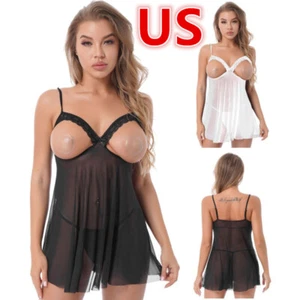 Womens Babydoll Lingerie Chemise Open Cup Nightwear Teddy Dress with G-string - Picture 1 of 29
