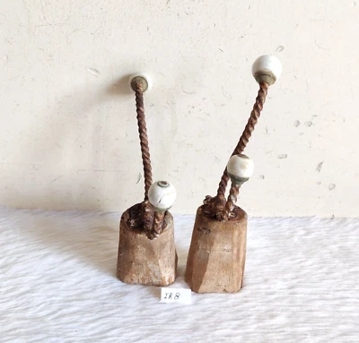 Antique Victorian Ceramic Knobs Wooden Iron Wall Hanger 2 Hooks Collectibles IR8 - Image 1 of 4