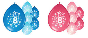 10 x 8th BIRTHDAY PARTY BALLOONS PINK MIX / BLUE MIX GIRL / BOY DECORATIONS (PA)