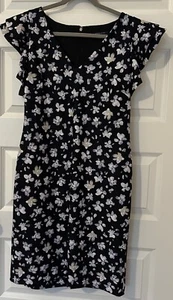 Tommy Hilfiger Dress Black Floral Size 14 Double Ruffle Sleeve - Picture 1 of 3