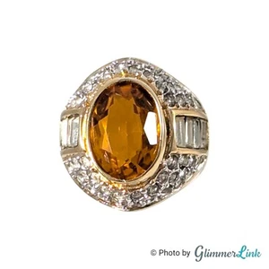 Vintage 80s Chunky Dome Faceted Citrine Glass Pave Gold Plated Ring Sz 6.75 - Picture 1 of 7