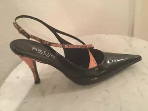 Pollini Italy Black Patent Leather Pointy Toe Python Strap &Heel US Wm Sz 40 M - Picture 1 of 12
