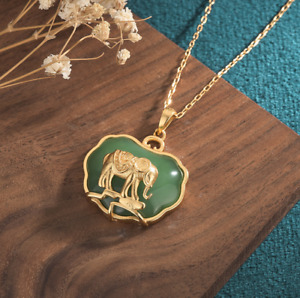 Jade Elephant Pendant Necklace Charm 18K Gold Plated Chain Retro Dainty Gemstone