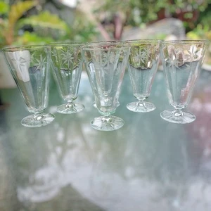 6 Vtg. 1930s Intricately Etched and Paneled Pedestal Iced Tea or Parfait Glasses - Picture 1 of 12
