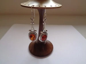Vintage 925 Silver and Amber Drop Earrings 35x13mm Weight 6g pair Used - Picture 1 of 21