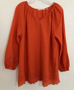 Soft Surroundings Tunic Top Blouse Size XL Orange Eyelet Peasant Boho Cotton - Picture 1 of 7