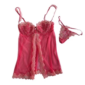 36C Y2K VTG Victoria Secret Pink Embroidered Sequin Butterfly Hem Cami Thong Set - Picture 1 of 10