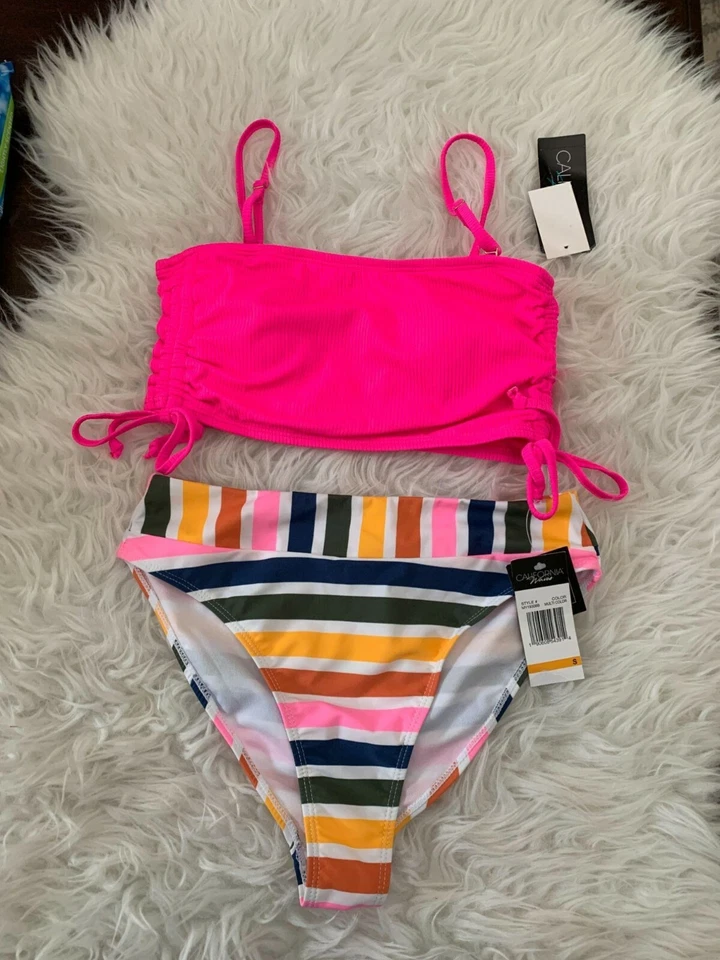 California Waves Juniors S Bikini Set Pink Ribbed Bandeau Ruched Swimwear - Image 1 of 4
