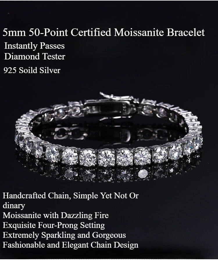 5 мм муассанит теннисный браслет 925 пробы сертифицированный женщин мужчин 3 цвета - Изображение 1 из 4