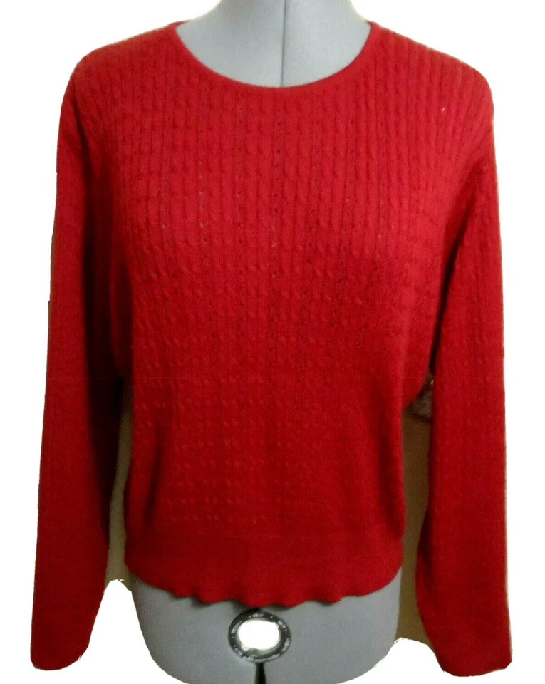 Suéter Top LIZ CLAIBORNE Mezcla de Lana Merino Tejido con Cable PM Rojo Cuello Redondo LS Foto 1 de 4