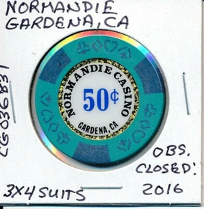 $.50 CALIFORNIA CASINO CHIP NORMANDIE GARDENA 3X4SUITS #CG036831 OBS CL 2016 - Picture 1 of 2