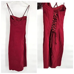 Express Spaghetti Strap Midi Pencil Dress 6 Red Corset Lace-Up Back Stretch - Picture 1 of 11