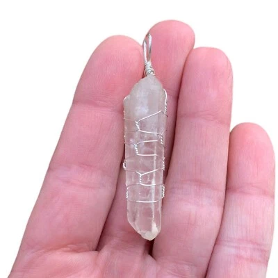 Reiki Charged Clear Quartz Crystal Pendant Sterling Silver Wire Wrap Jewelry - Image 1 of 4