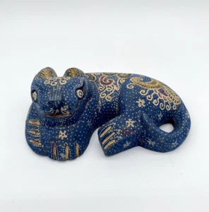 Vintage Hand Painted Carved Wood Starry Sky Good Luck Boho Kitty Blue Cat - Picture 1 of 8