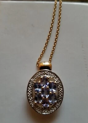 Ожерелье женское с подвеской из синего танзанита 14 карат двухцветное позолоченное /925 - Изображение 1 из 4