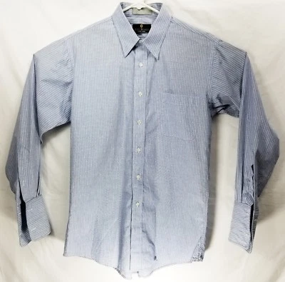 Camisa de vestir Bill Blass etiqueta negra para hombre azul blanco alfiler a rayas con botones  Foto 1 de 4