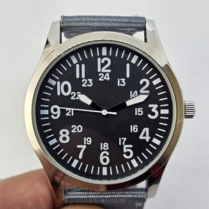 Men's Military Watch 42MM Black Dial Gray Case Gray Canvas Band Straps - Picture 1 of 16