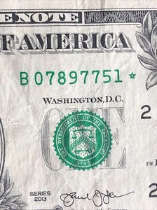 2013 Duplicate B Series New York $1 STAR Note Fort Worth Error B07897751* - Picture 1 of 3