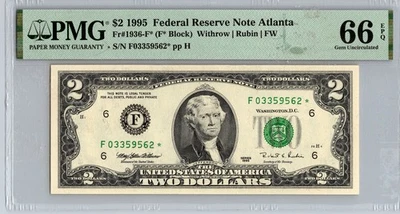 1995 $2 Dollar STAR NOTE Atlanta GA PMG 66 EPQ Green Seal Bill US Fr#1936-F* - Image 1 of 2