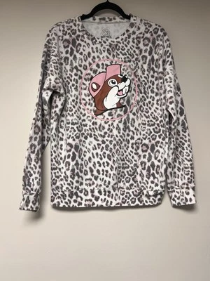 Buc-ee's Womens Pullover Sweatshirt Long Sleeve Pink Beaver Small Leopard Print - Image 1 of 4