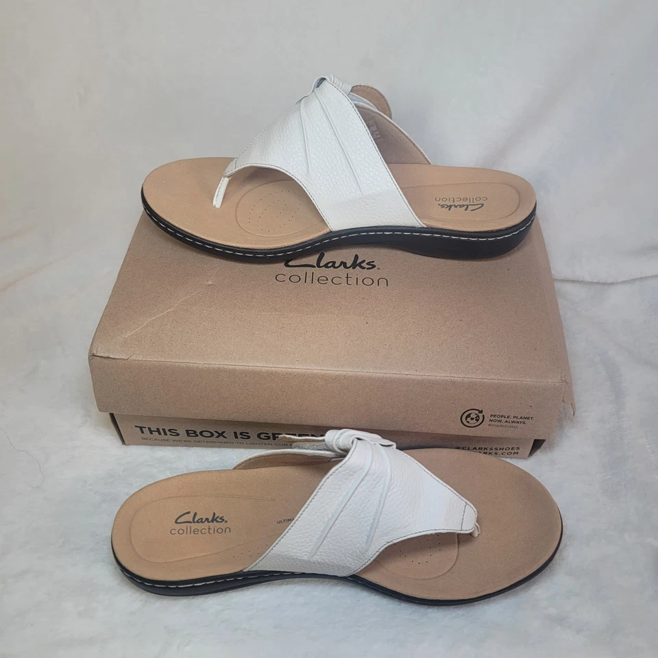 Clark’s Size 12W White Leather Laurieann Rae Women's Thong Sandals Comfort