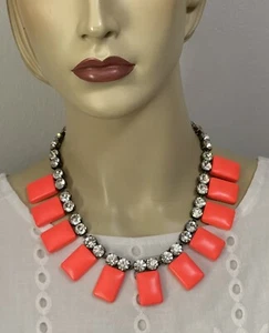 EUC J. Crew Neon Orange & Crystal Rhinestone Bib Statement Necklace 17”-19” - Picture 1 of 8